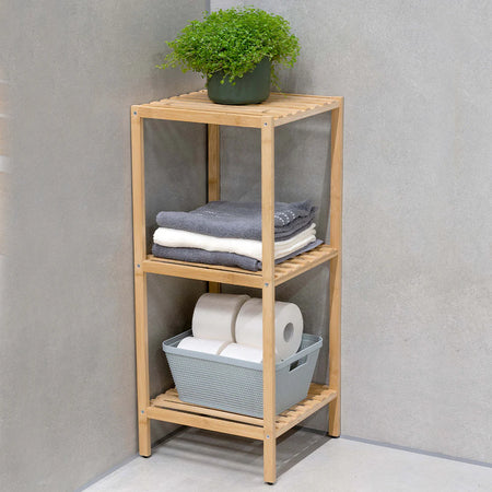 Scaffale a Colonna da Bagno 3 Ripiani Legno Bambù Organizer 33x32x77.5cm