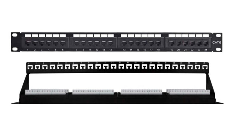 Pannello Patch UTP 24 Posti Cat.6 1U con barra gestione cavi removibile Nero