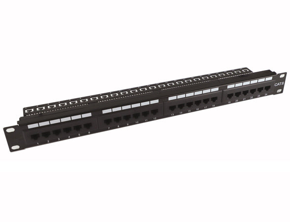 Pannello Patch UTP 24 Posti Cat.6 1U con barra gestione cavi removibile Nero