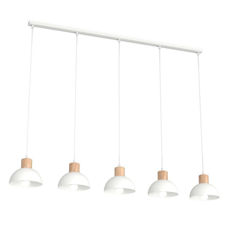 Sospensione Nordica 5 Luci Seco In Acciaio Bianco A Cupola E Legno Naturale