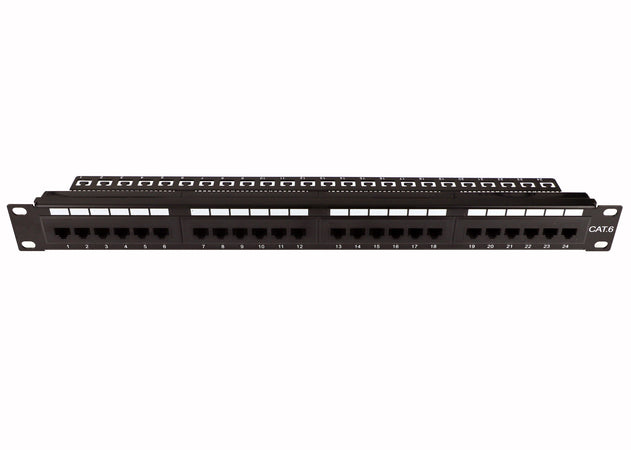 Pannello Patch UTP 24 Posti Cat.6 1U con barra gestione cavi removibile Nero
