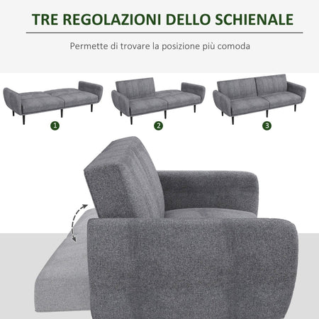 Divano Letto 3 Posti soggiorno salotto ufficio studio con Schienale Reclinabile a 3 Livelli in Tessuto, 208x84x82cm, Grigio F839-821V00GYA