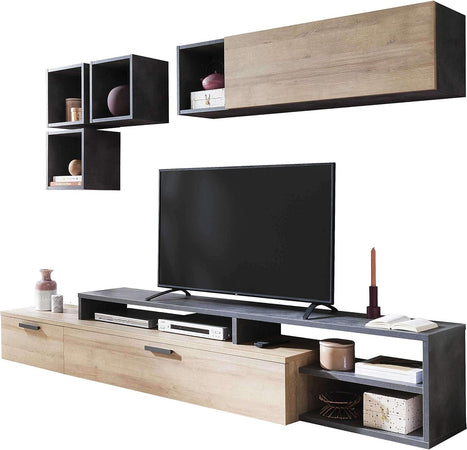 parete attrezzata tv da soggiorno cucina per salotto moderna mobili tv grigio e rovere quercia T2115,131S