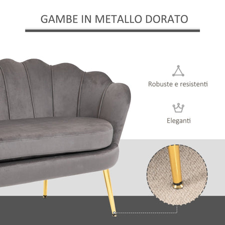 Divano 2 Posti in Velluto e Gambe in Metallo, Arredamento Vintage Casa e Ufficio, 133x63x75cm Grigio soggiorno salotto studio ingresso F839-002A