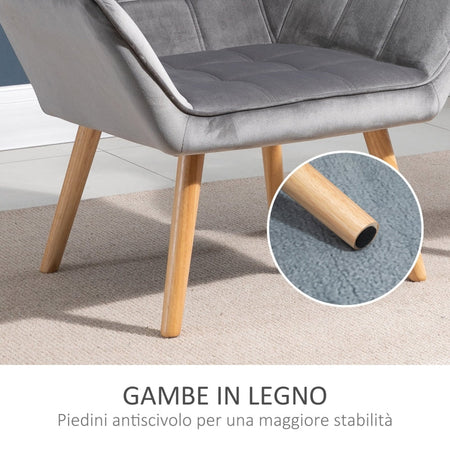 Poltroncina Stile Nordico in Legno ed Effetto Velluto Grigio per Soggiorno o Ufficio , 64x62x72.5 cm sedia poltrona salotto studio F833-799V00GYA