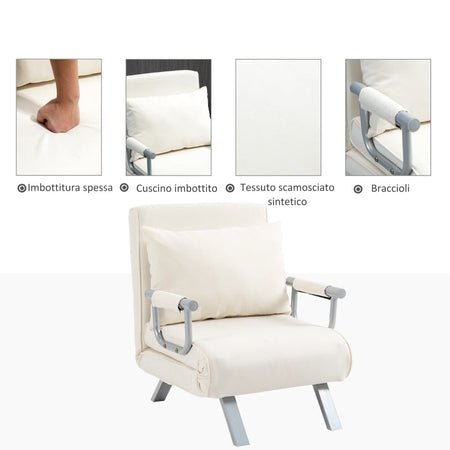 Poltrona Letto singolo materasso brandina Lettino 2 in 1 sedia con Schienale Inclinabile in 5 Posizioni, 65×69×82cm, Beige F833-040CWA