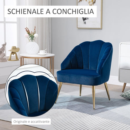 Poltrona in Velluto Imbottita con Schienale a Conchiglia per Camera e Salotto , 63x65x84cm sesia poltroncina soggiorno ufficio studio F839-205BUA