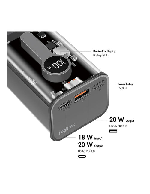 Power Bank 10000 mAh 1x USB-A 1x USB-C&trade con Display PD & QC Trasparente