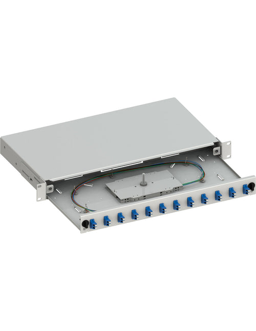 Cassetto Ottico 19'' Scorrevole con 12 Bussole e 24 Pigtails LC Duplex Monomodale OS2 Grigio