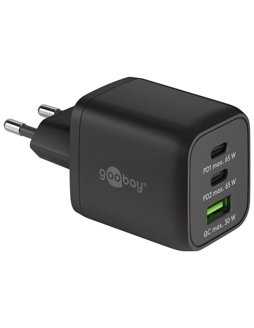 Nano Caricatore Alimentatore GaN 2xUSB-C&trade (PD) + USB-A (QC) da Muro 65W Nero