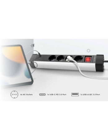 Presa Multipla a 4 vie con Presa USB-C&trade PD e USB-A QC per la Ricarica Veloce