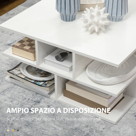Tavolino da caffè divano  contenitore legno moderno soggiorno Basso da Salotto a 2 Livelli con Ripiani Aperti, 70x70x36.5 cm, Bianco F839-240WTA