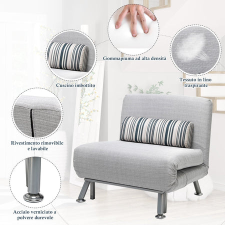 Poltrona Letto Singolo con Materasso e Cuscino Imbottito grigio , Telaio in Metallo e Schienale Regolabile 90-180°, Beige divanetto ospiti F833-066BGA