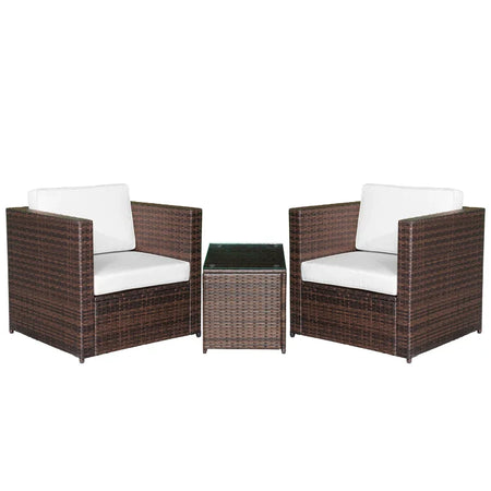 Set Mobili da Giardino Rattan PE da 3 Pezzi, 2 Poltrone da Esterno, Tavolino e Cuscini, Marrone 860-073BN