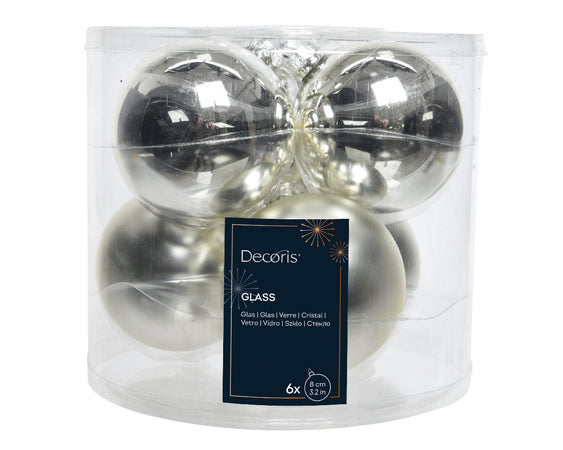 Palline per albero di natale in vetro color argento da 8 cm, tubo da 6 pezzi