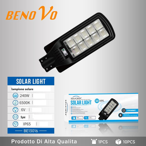 LAMPIONE LED 240W CON PANNELLO SOLARE SENSORE CREPUSCOLARE LUCE FREDDA 6500K IP65 +TELECOMANDO + STAFFA