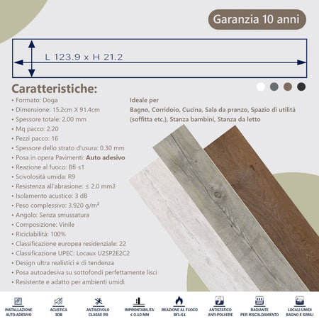 Pavimento PVC Adesivo Effetto Legno - Listoni 15,2 x 91,4 cm - Spessore 2.0 mm Confezione 2.20mq