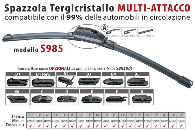 Spazzola Tergicristallo Auto Universale S985 24'' 600mm Carall 16 Attacchi Opzionale