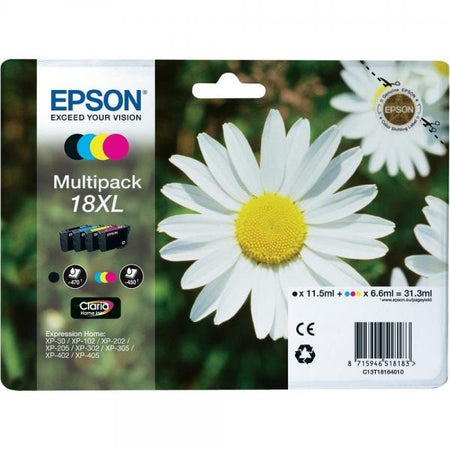 C13T18164020 Cartuccia Ink Originale Nera Ciano Magenta Gialla per Epson XP212/215/225/312/315/322/325/412/415/422/425 Capacità 470 Pagine Blister 4 pezzi