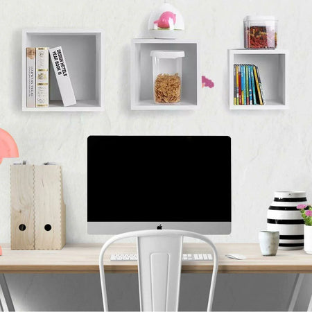 Set 3 Mensole da Parete Cubo in Legno MDF Moderne con 2 Ripiani Bianco