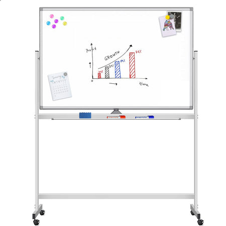 Lavagna Magnetica Bifacciale 90x120 cm con Ruote e Mensola per Pennarelli con Ganci Portablocco