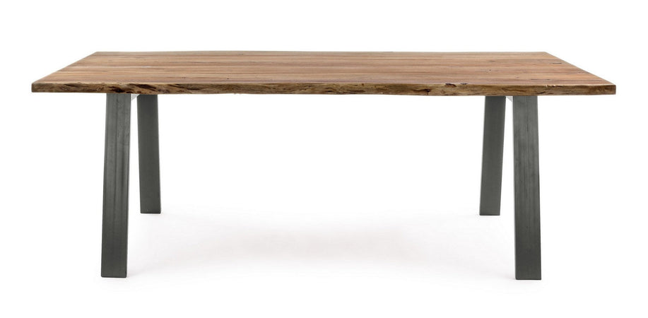 Tavolo Aron rettangolare, con gambe in acciaio, piano in legno di acacia, stile moderno