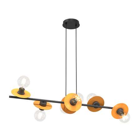 Lampadario 6 Luci Token In Acciaio Nero E Arancio Con Barra E Diffusori A Piatti
