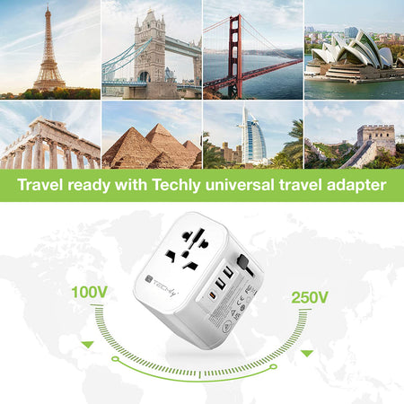 Adattatore da Viaggio Universale 150 Paesi 2 porte USB-A e 1 porta USB-C&trade Bianco