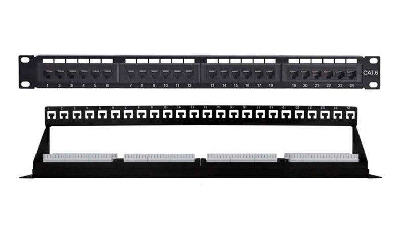 Pannello Patch UTP 24 Posti Cat.6 1U con barra gestione cavi removibile Nero