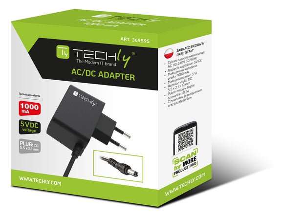 Alimentatore AC/DC 5V 1A Plug 5.5x2.1 mm Slim Nero