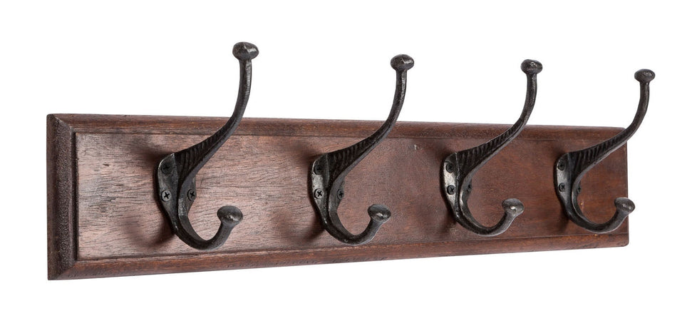 Biscottini Attaccapanni da parete in legno massiccio e ferro forgiato a mano finitura noce 60x12x16 cm