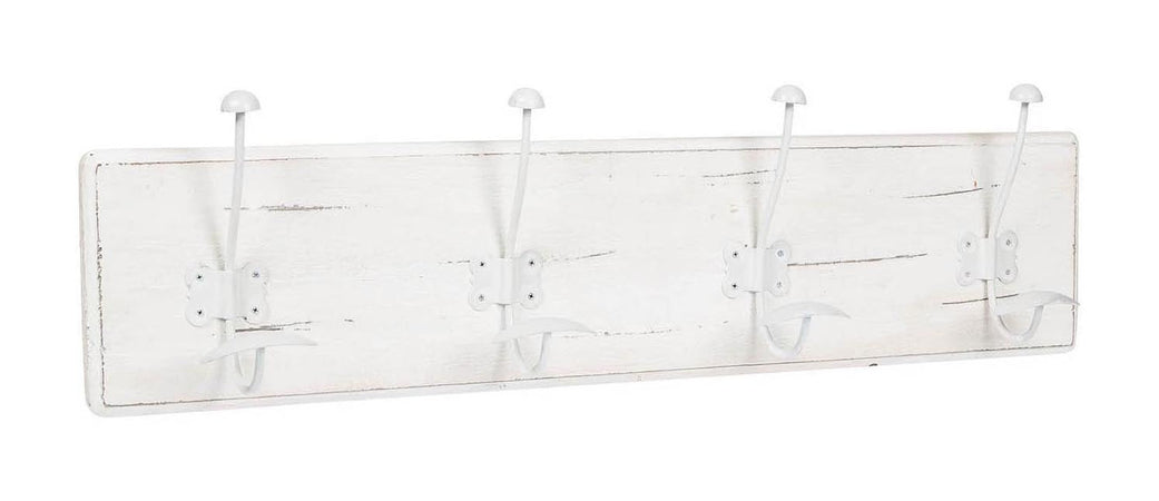 Biscottini Attaccapanni da parete in legno massiccio e ferro forgiato a mano finitura bianco anticato 78x10x21 cm