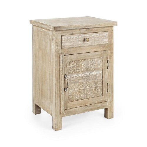 Comodino Mayra per camera, Struttura In Legno Di Mango Con Decorazioni Intarsiate A Mano, Schienale E Fondo Cassetti In Mdf