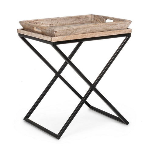 Tavolino Tray struttura in acciaio piano in legno di mango per arredamento