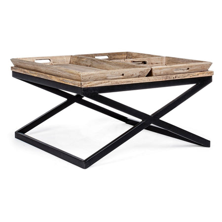 Tavolino "Tray" struttura in acciaio piano in legno di mango per arredamento