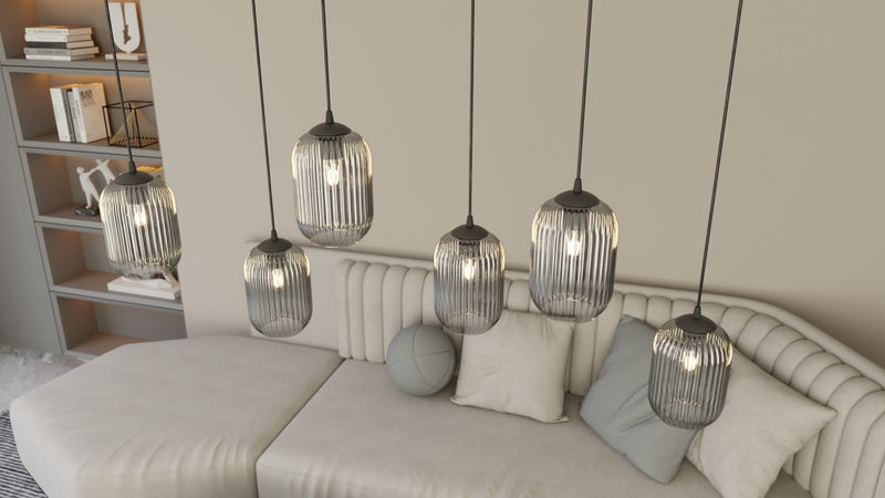 Sospensione 1 Luce Verdi In Acciaio Nero E Vetro Plissettato Fumè