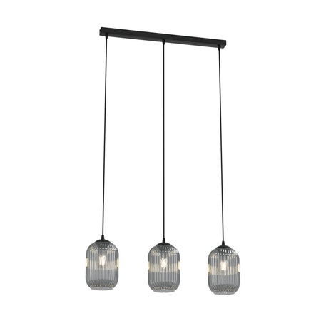 Lampadario 3 Luci Verdi In Acciaio Nero E Vetri Plissettati Fumè