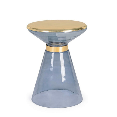 Tavolino Meriel in vetro con anello decorativo e piano placcato ottone per arredamento