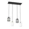 Lampadario 4 Luci Verdi In Acciaio Nero E Vetri Plissettati In Bianco E Fumè