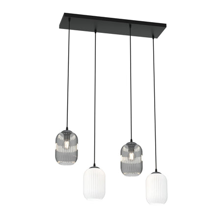 Lampadario 4 Luci Verdi In Acciaio Nero E Vetri Plissettati In Bianco E Fumè