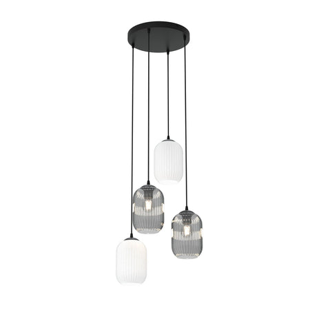 Lampadario 4 Luci Verdi Base Tonda Acciaio Nero Vetri Plissettati Bianco E Fumè