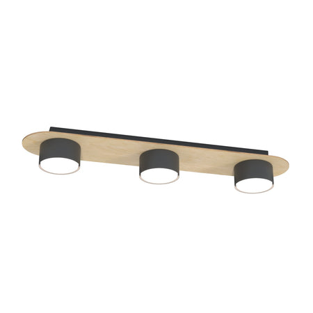 Plafoniera 3 Luci Diaz In Acciaio Nero E Legno Naturale Diffusore A Cilindro