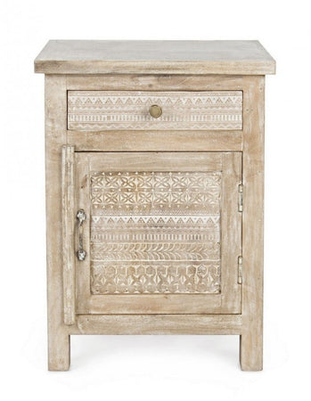 Comodino "Mayra" per camera, Struttura In Legno Di Mango Con Decorazioni Intarsiate A Mano, Schienale E Fondo Cassetti In Mdf