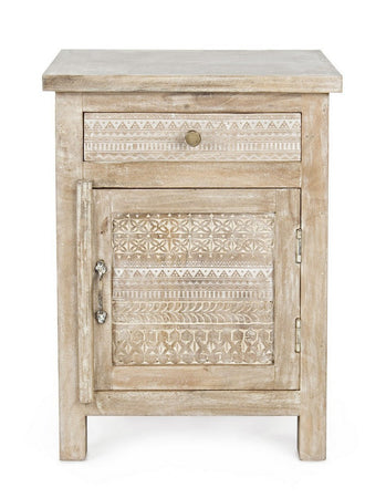 Comodino "Mayra" per camera, Struttura In Legno Di Mango Con Decorazioni Intarsiate A Mano, Schienale E Fondo Cassetti In Mdf