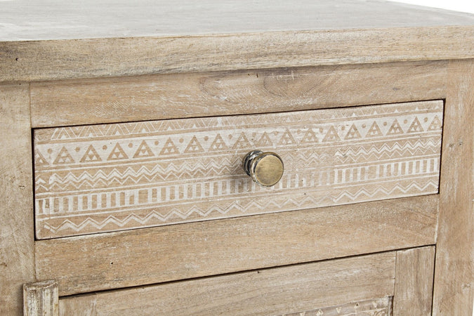 Comodino "Mayra" per camera, Struttura In Legno Di Mango Con Decorazioni Intarsiate A Mano, Schienale E Fondo Cassetti In Mdf