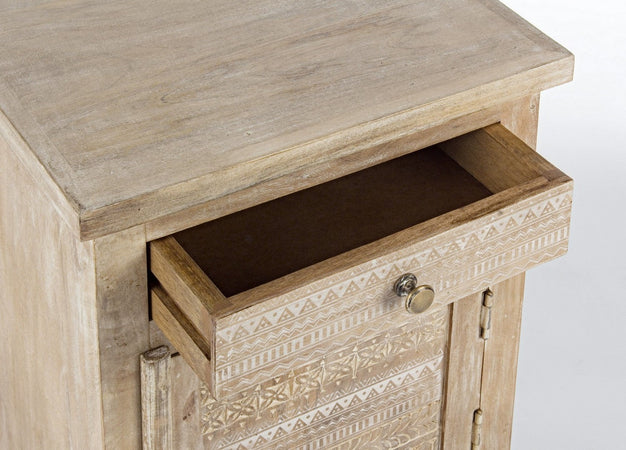 Comodino "Mayra" per camera, Struttura In Legno Di Mango Con Decorazioni Intarsiate A Mano, Schienale E Fondo Cassetti In Mdf