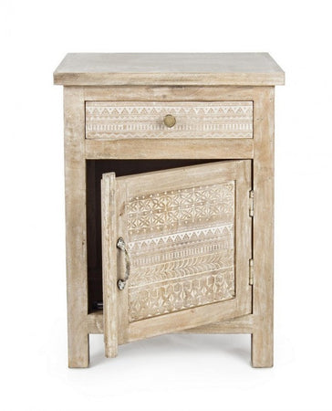 Comodino "Mayra" per camera, Struttura In Legno Di Mango Con Decorazioni Intarsiate A Mano, Schienale E Fondo Cassetti In Mdf