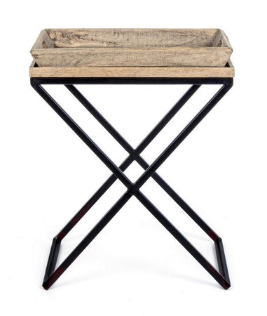 Tavolino "Tray" struttura in acciaio piano in legno di mango per arredamento