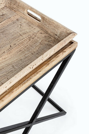 Tavolino "Tray" struttura in acciaio piano in legno di mango per arredamento