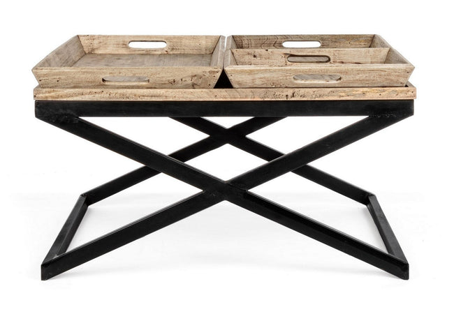 Tavolino "Tray" struttura in acciaio piano in legno di mango per arredamento